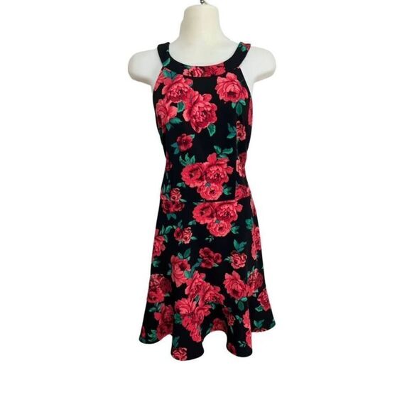 BCX Juniors Black Floral Dress Size 13 Fit & Flare Ruffle Hem Halter Party Vibe - Picture 4 of 10